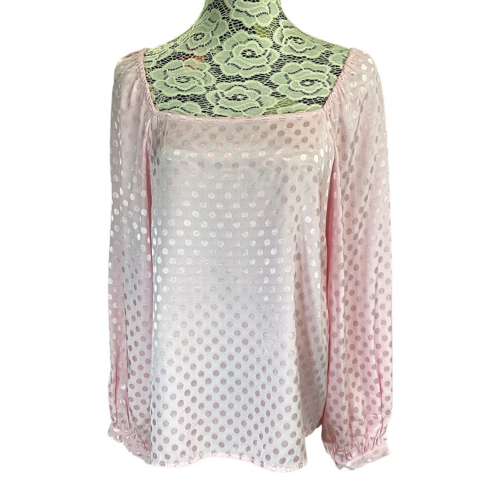 Charter Club Jacquard Top Pink Polka dot square neck puff sleeve size  L
